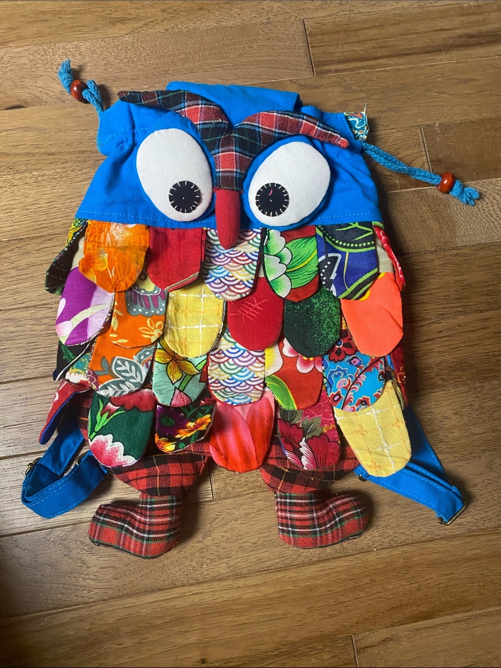 Bright Blue Kids Owl Drawstring Backpack with Multicolor Patchwork Feathers